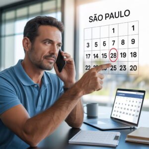 Empresário brasileiro apontando para data em calendário enquanto cobra prazos de atendimento de plano de saúde por telefone.