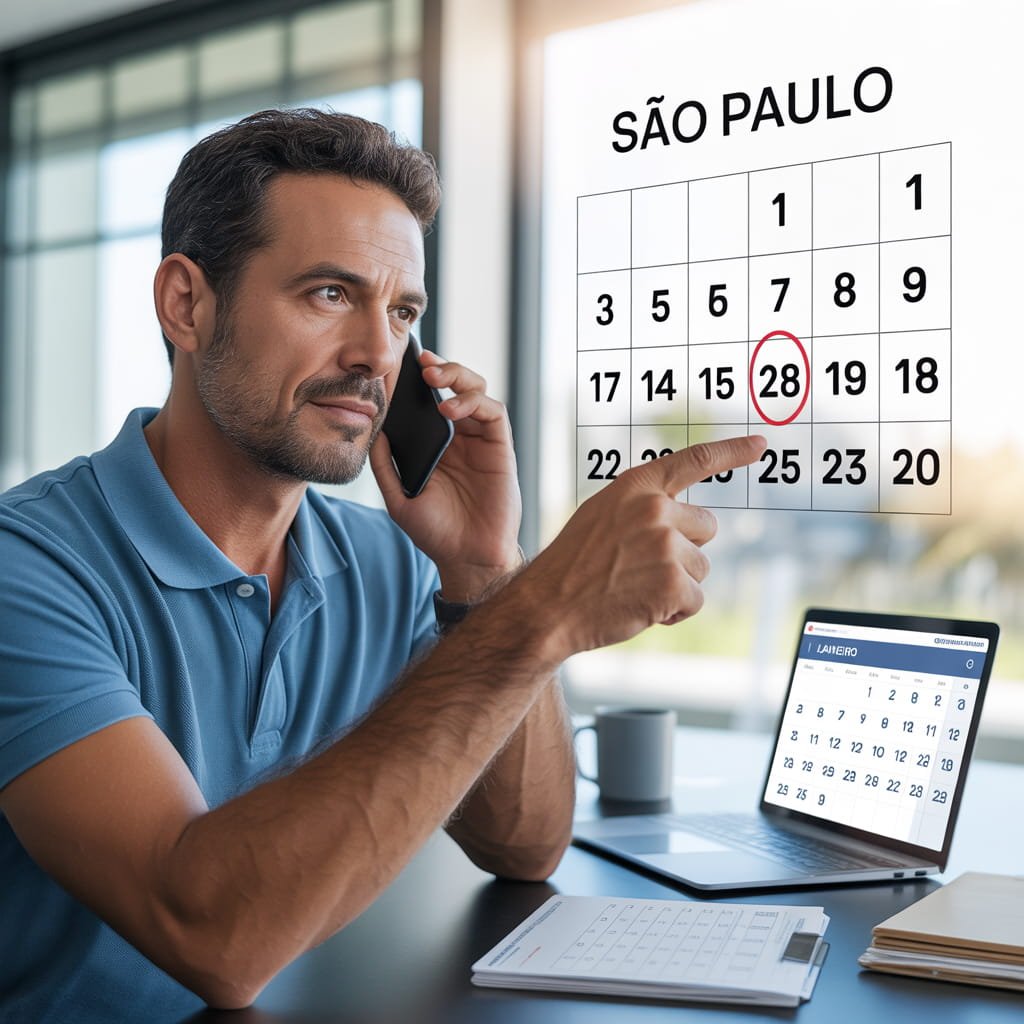 Empresário brasileiro apontando para data em calendário enquanto cobra prazos de atendimento de plano de saúde por telefone.